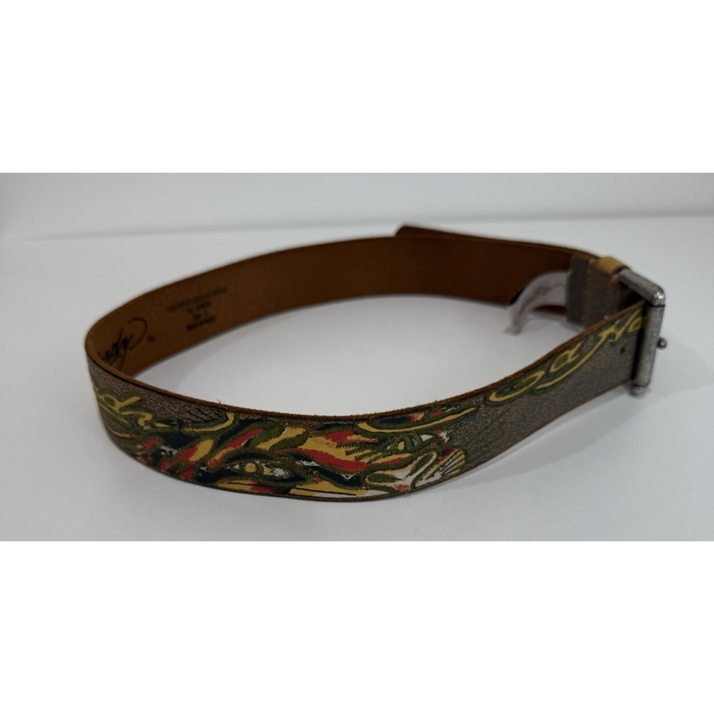 Ed Hardy Distressed Panther Graphic Leather Belt Men's Sz Small - Picture 3 of 10
